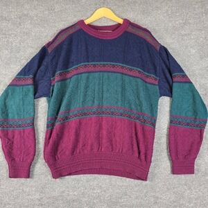 Vintage LOAFERS Mens L Geometric Stripe Knit Sweater Burgundy Teal Navy Pullover